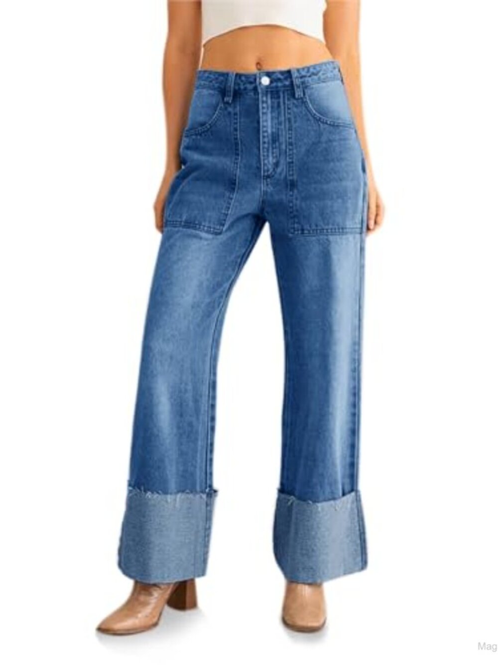 Womens Baggy Cuffed Boyfriend Jeans Straight Leg Denim Pants